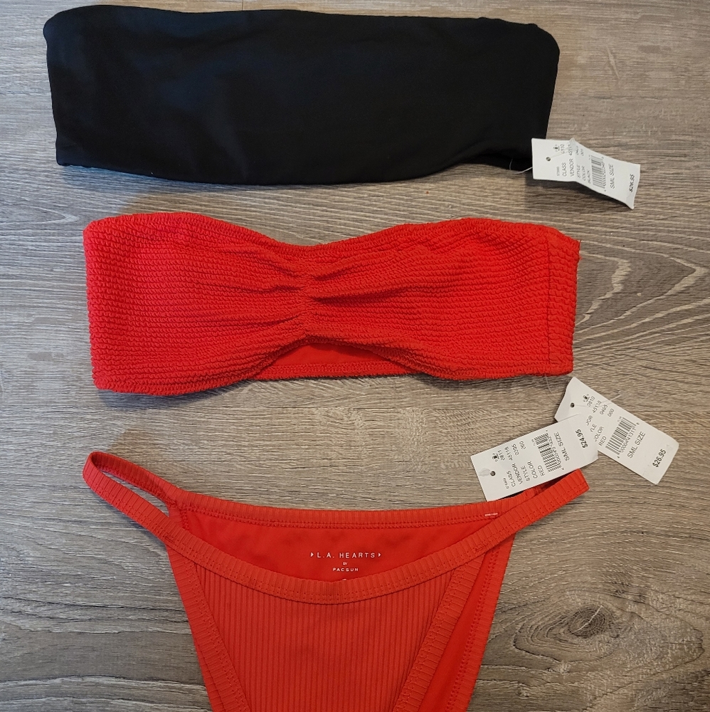 Red bikini set with black bandeau top